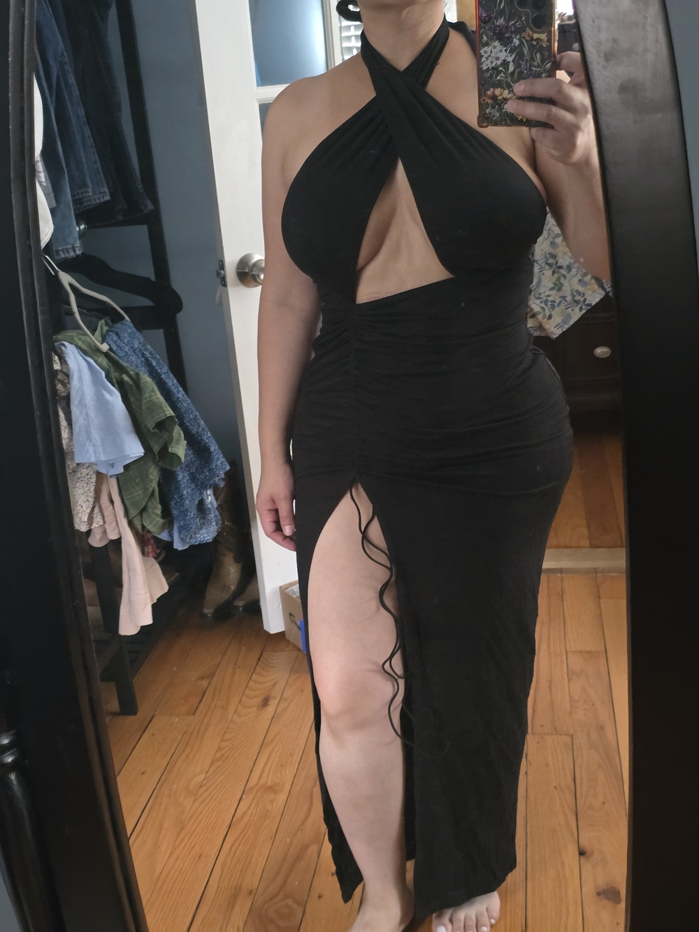 Fashion Nova Black One-Shoulder Cutout Ruched Maxi Dress with High Slit